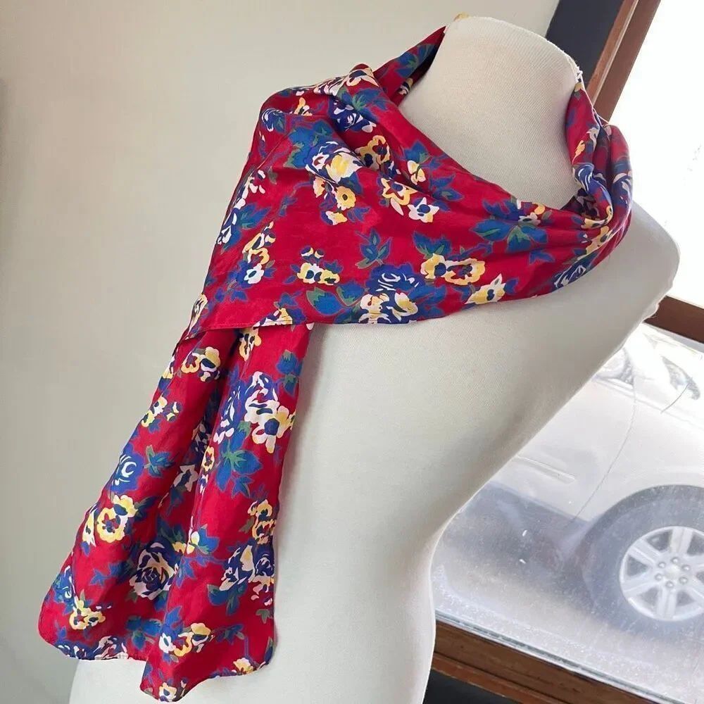 VTG Floral Silk Scarf Red Blue Yellow Long Skinny 11” x 54”